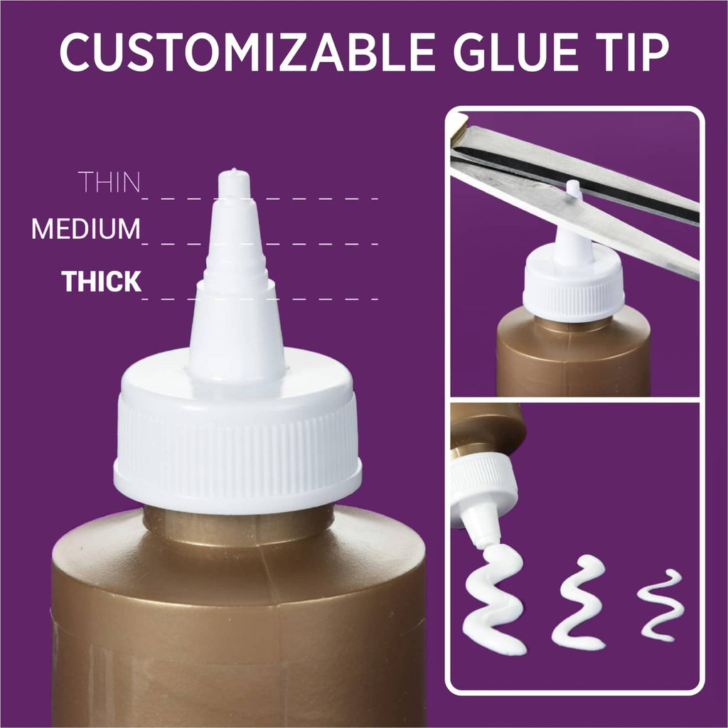 Adjustable glue tip close-up showing thin to thick dispensing from squeeze bottle