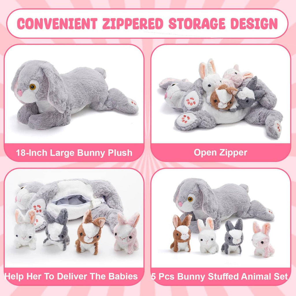 Gray 18-inch bunny plush with four baby bunnies, 5-piece set