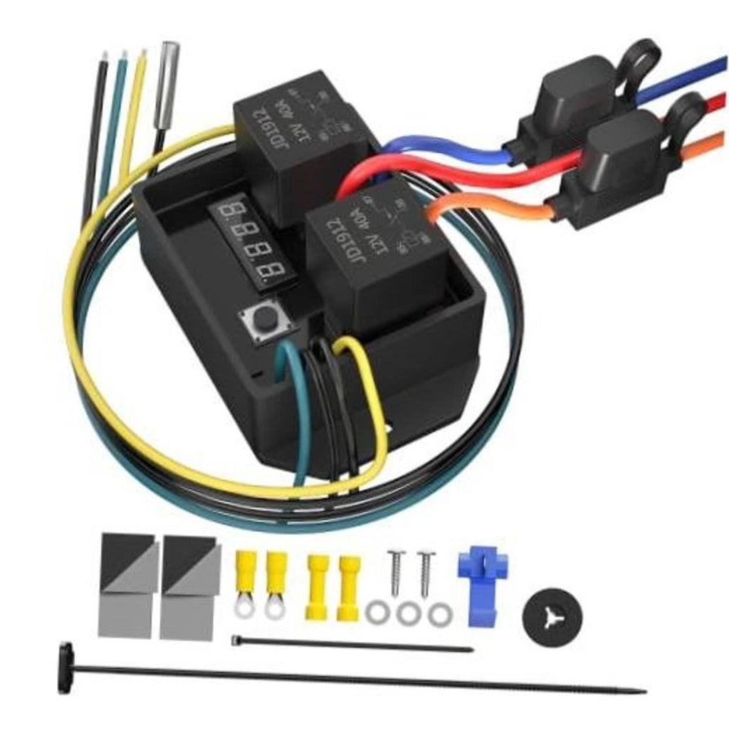 Black dual fan controller switch with digital display and color-coded wiring harness