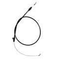 Lawn mower control cable with black outer sheath and metal end fittings.