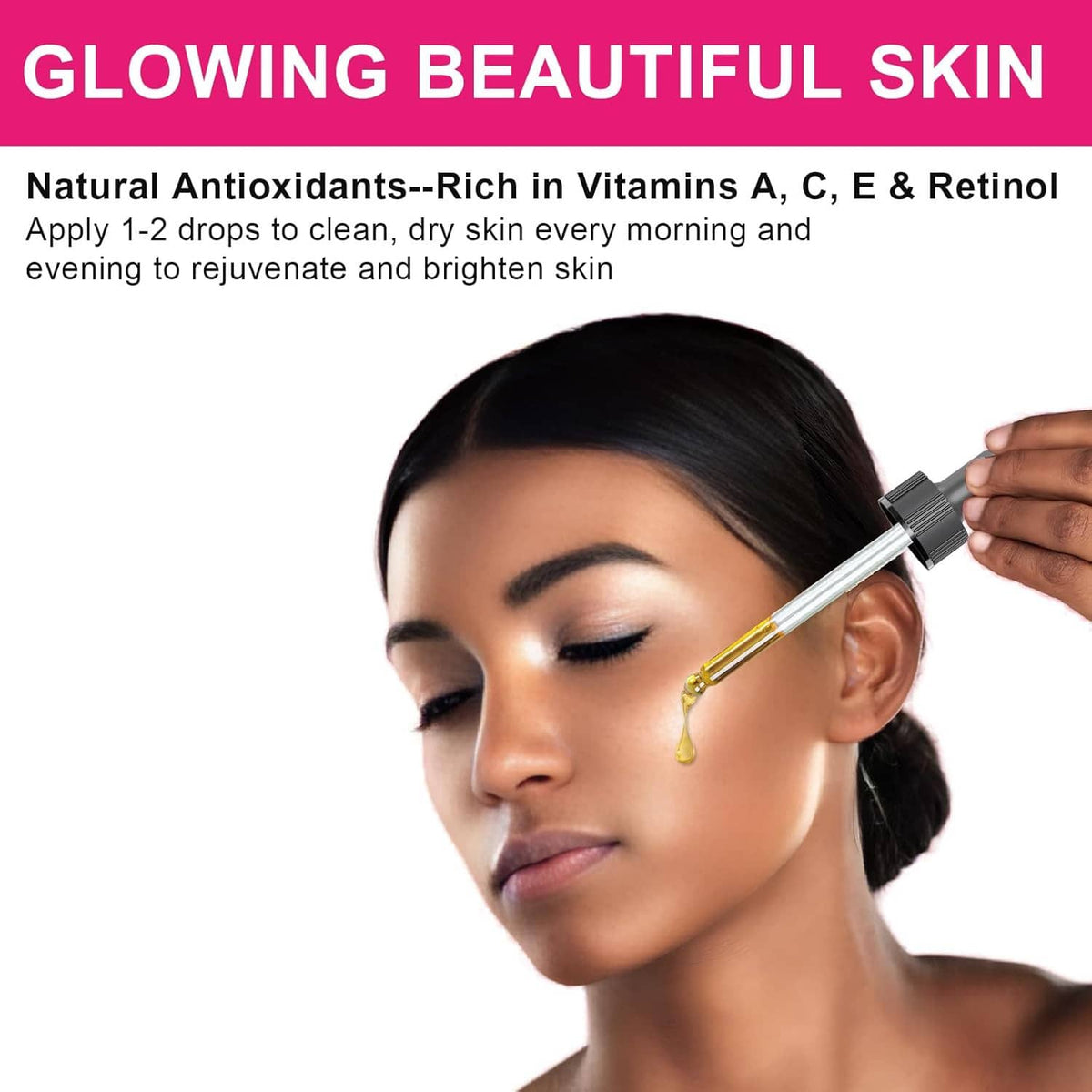 Facial rosehip seed oil applied with dropper on a woman’s cheek