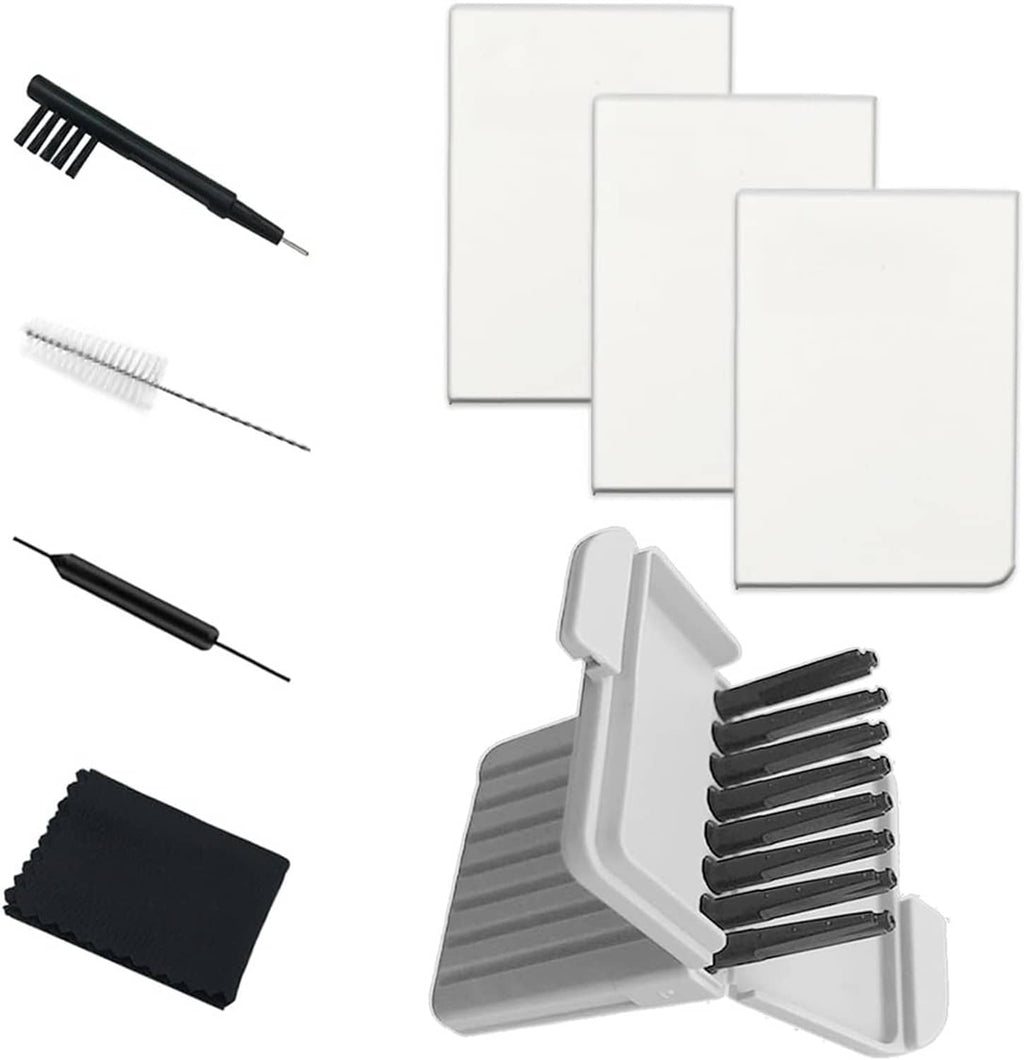 Hearing aid wax guards with gray dome wax cleaner, white pads, and brush tools