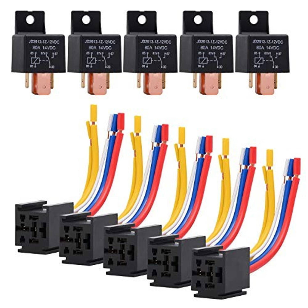 Five-pack 12V 5-pin relay set with multi-color wire harness connectors