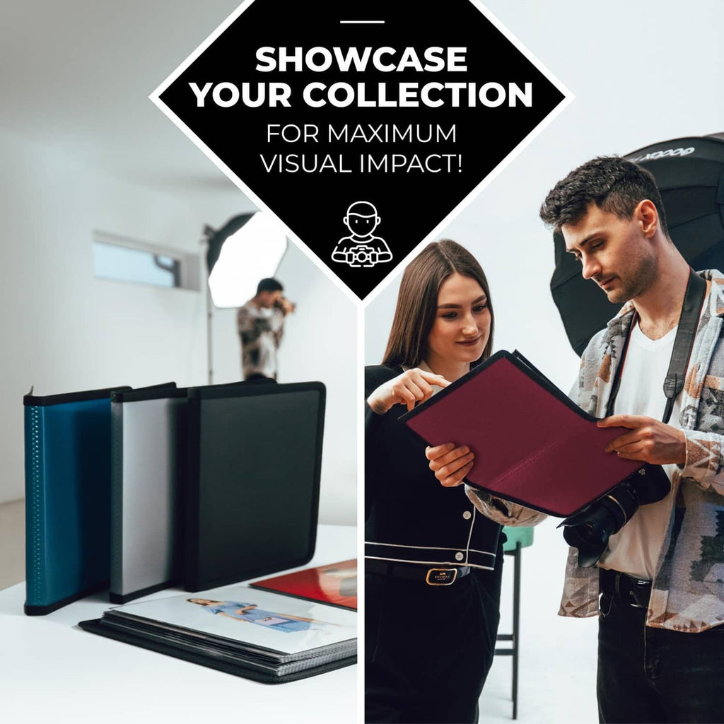 Black portfolio folder with textured cover being used to store and present artwork