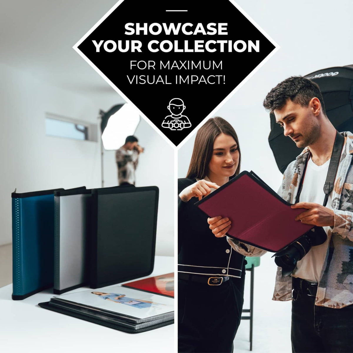 Black portfolio folder with textured cover being used to store and present artwork