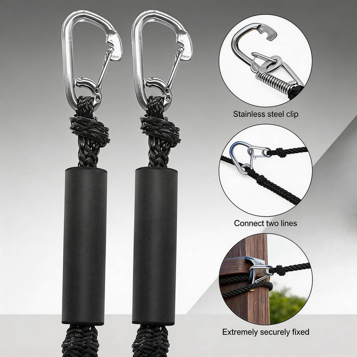 Black bungee dock lines with stainless steel snap hooks and black foam sleeves