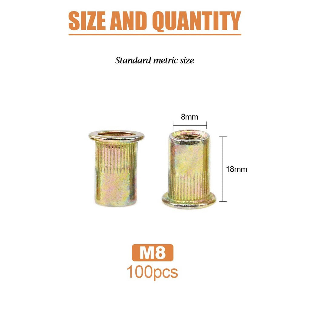 M8 rivet nuts shown with 8mm diameter and 18mm height, set of 100 pcs