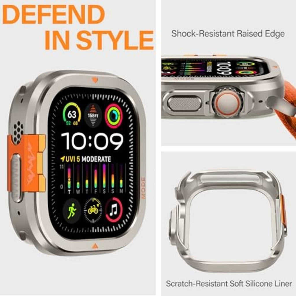 Natural titanium metal watch case with protective bumper edge and soft silicone liner