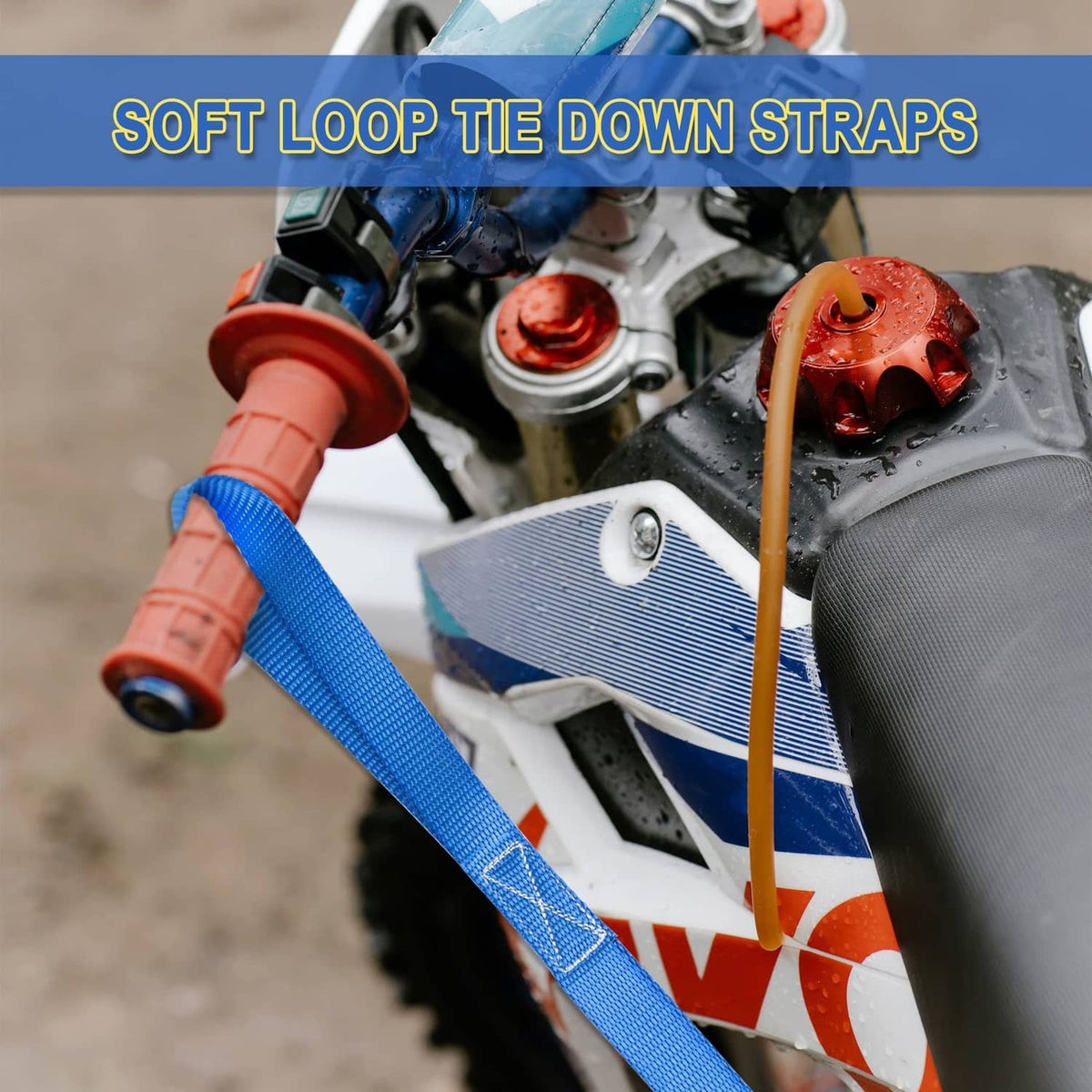 Blue soft-loop tie-down strap securing gear on a vehicle
