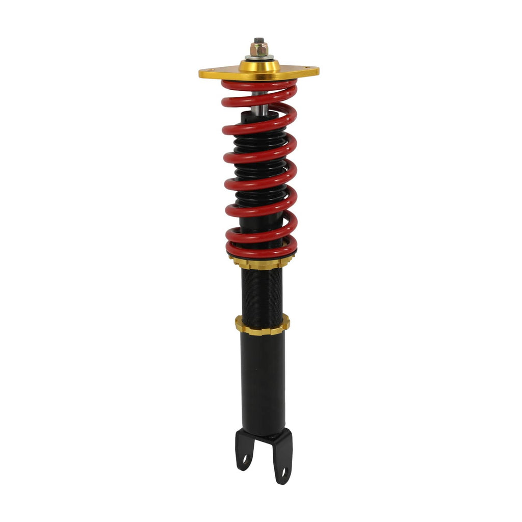 Coilover suspension strut with red spring, gold spring perch, black shock mounts