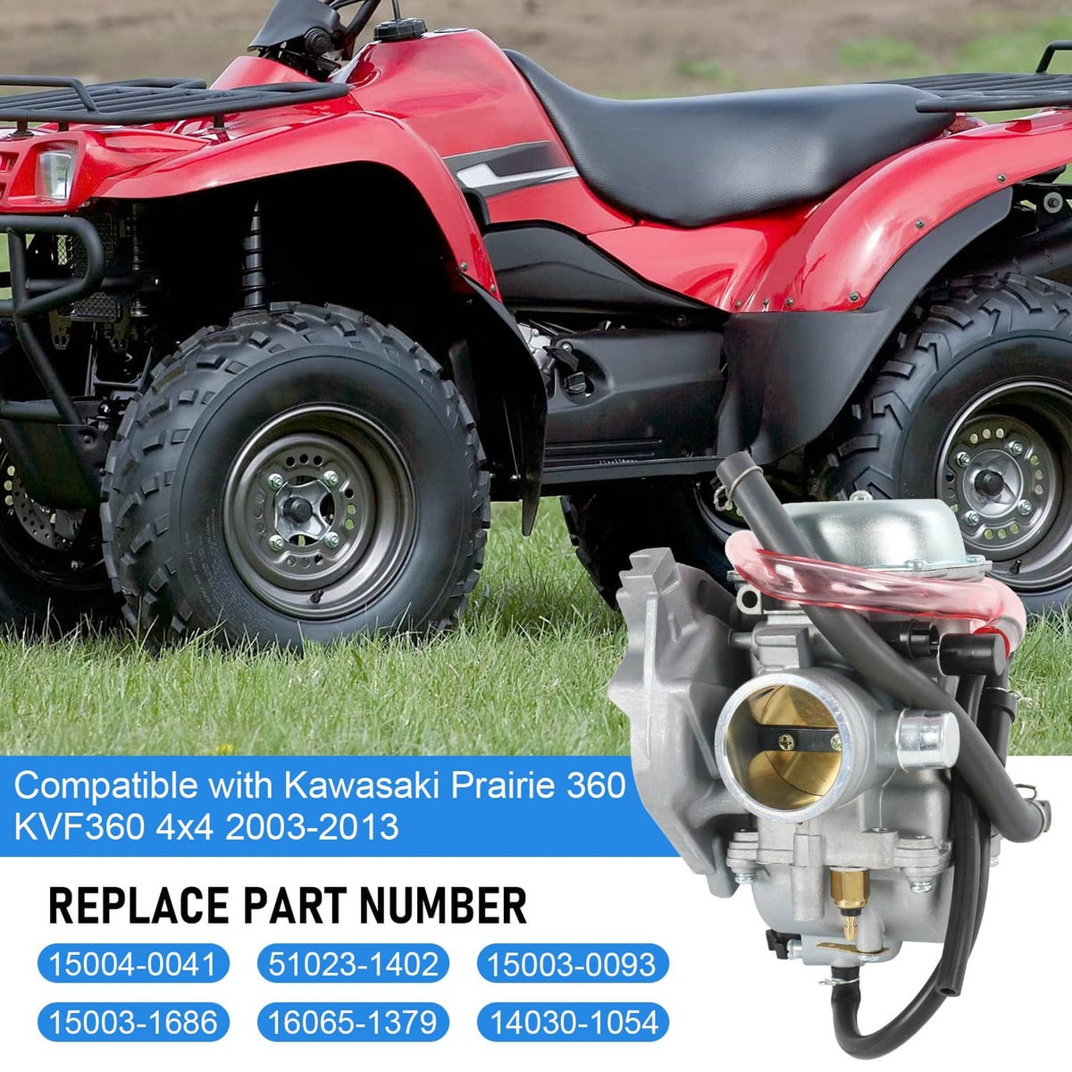 ATV carburetor installed on the engine intake of a red four-wheeler.