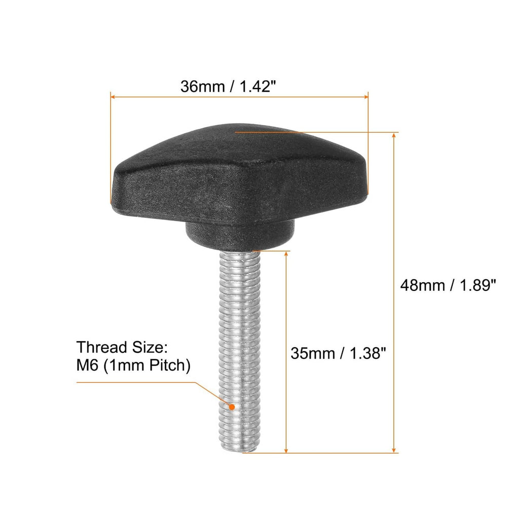 Single black wing thumb knob with silver M6 threaded stud, 35mm length