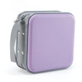 Lavender hard CD/DVD storage case with gray zipper and carry strap