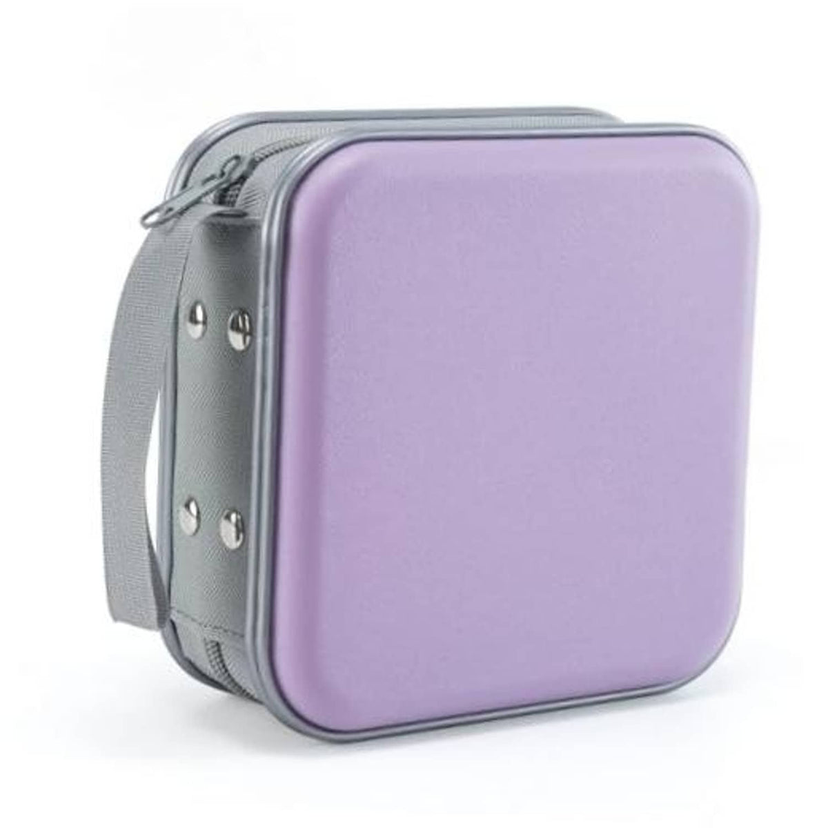 Lavender hard CD/DVD storage case with gray zipper and carry strap