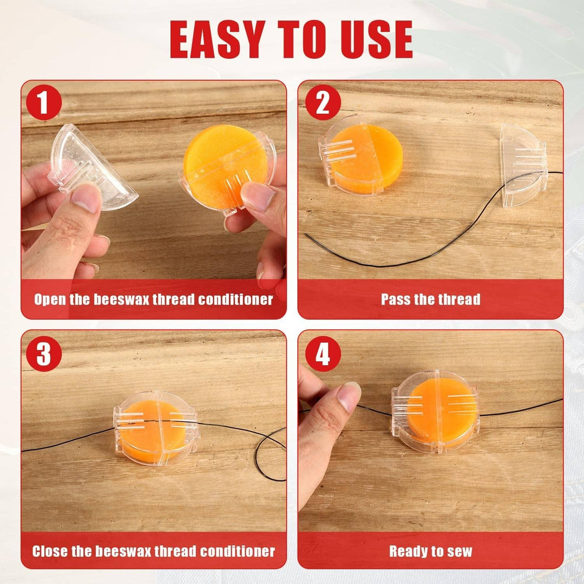 Beeswax thread conditioner with four-step use panels; orange disc in clear holder