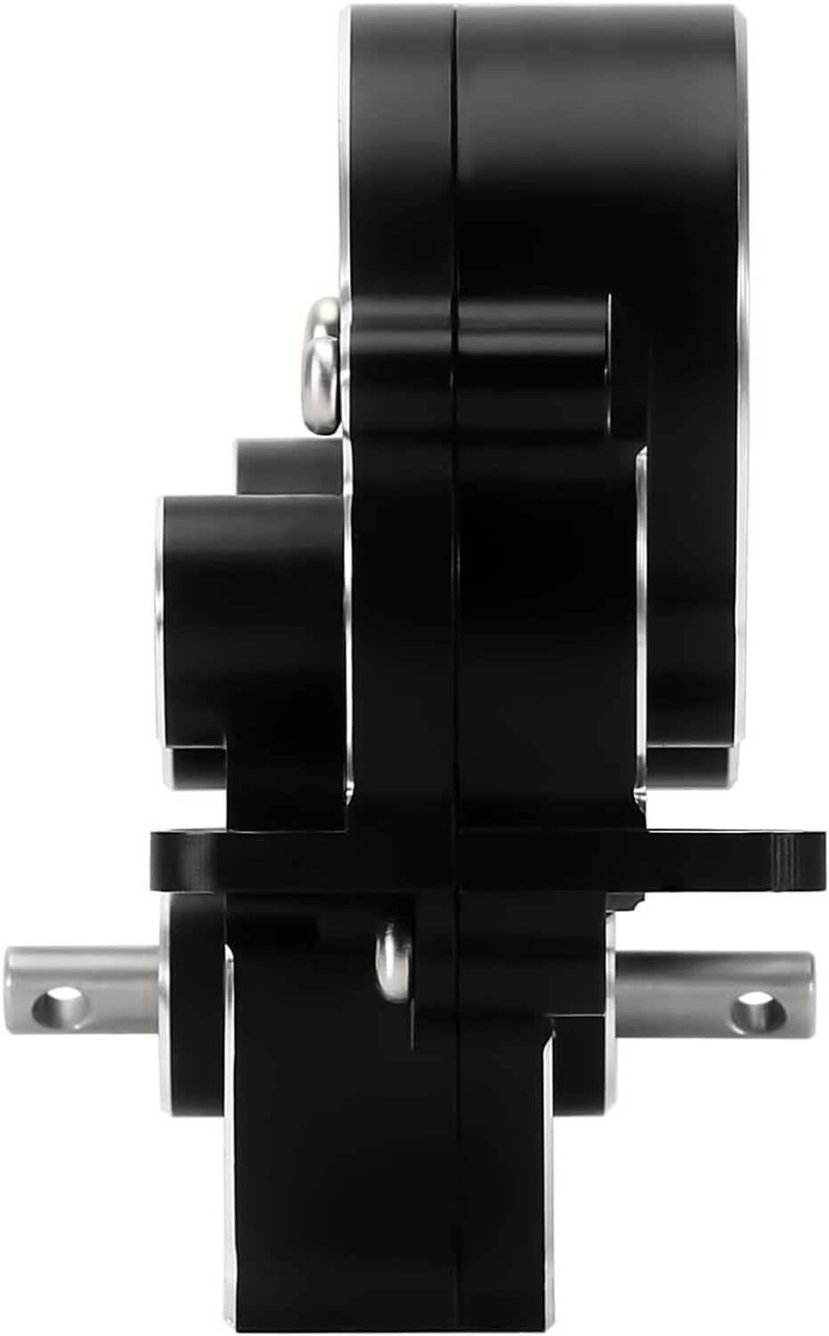 Black CNC transmission case with front output shaft and mounting tab