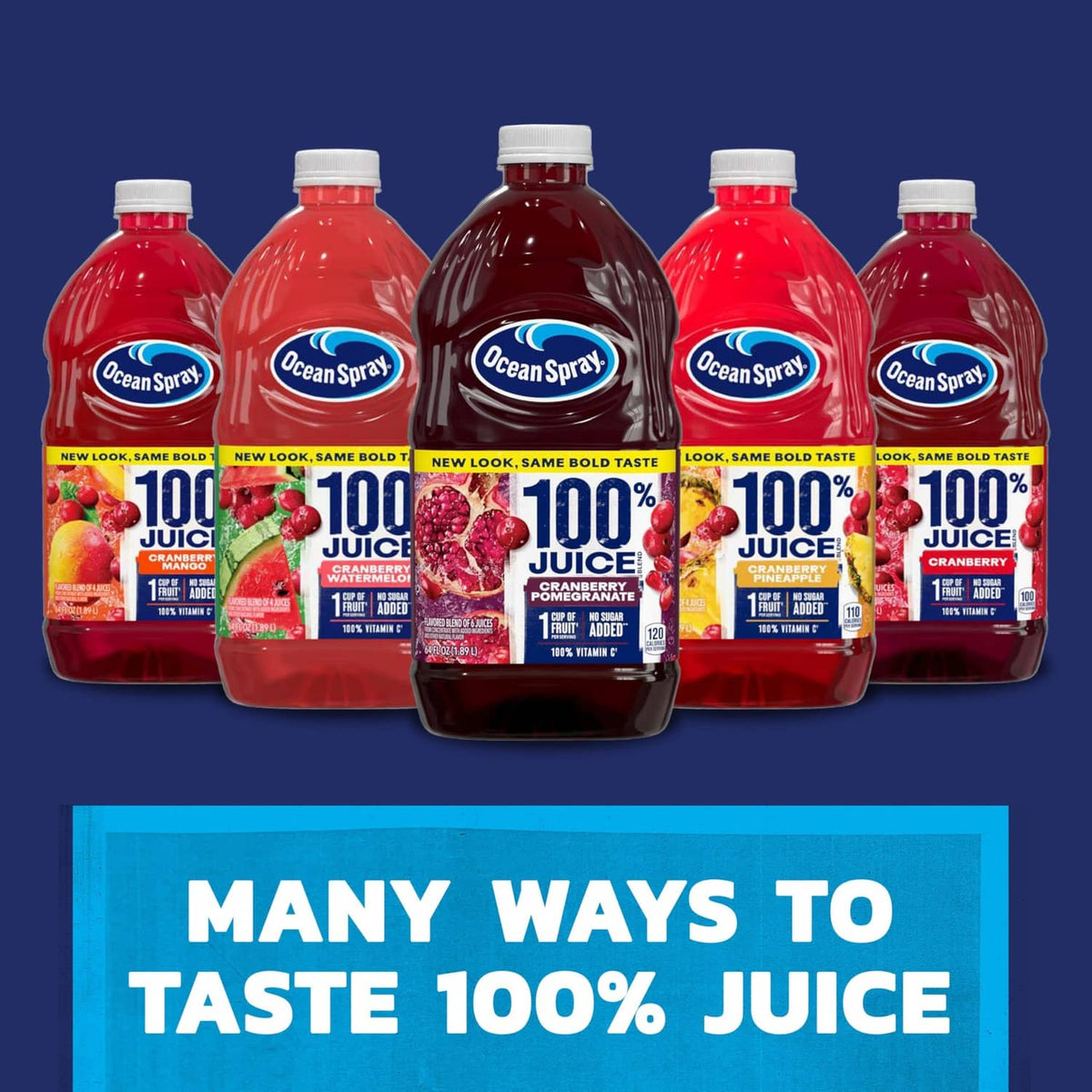 Row of Ocean Spray 100% juice bottles, including grapefruit and cranberry varieties