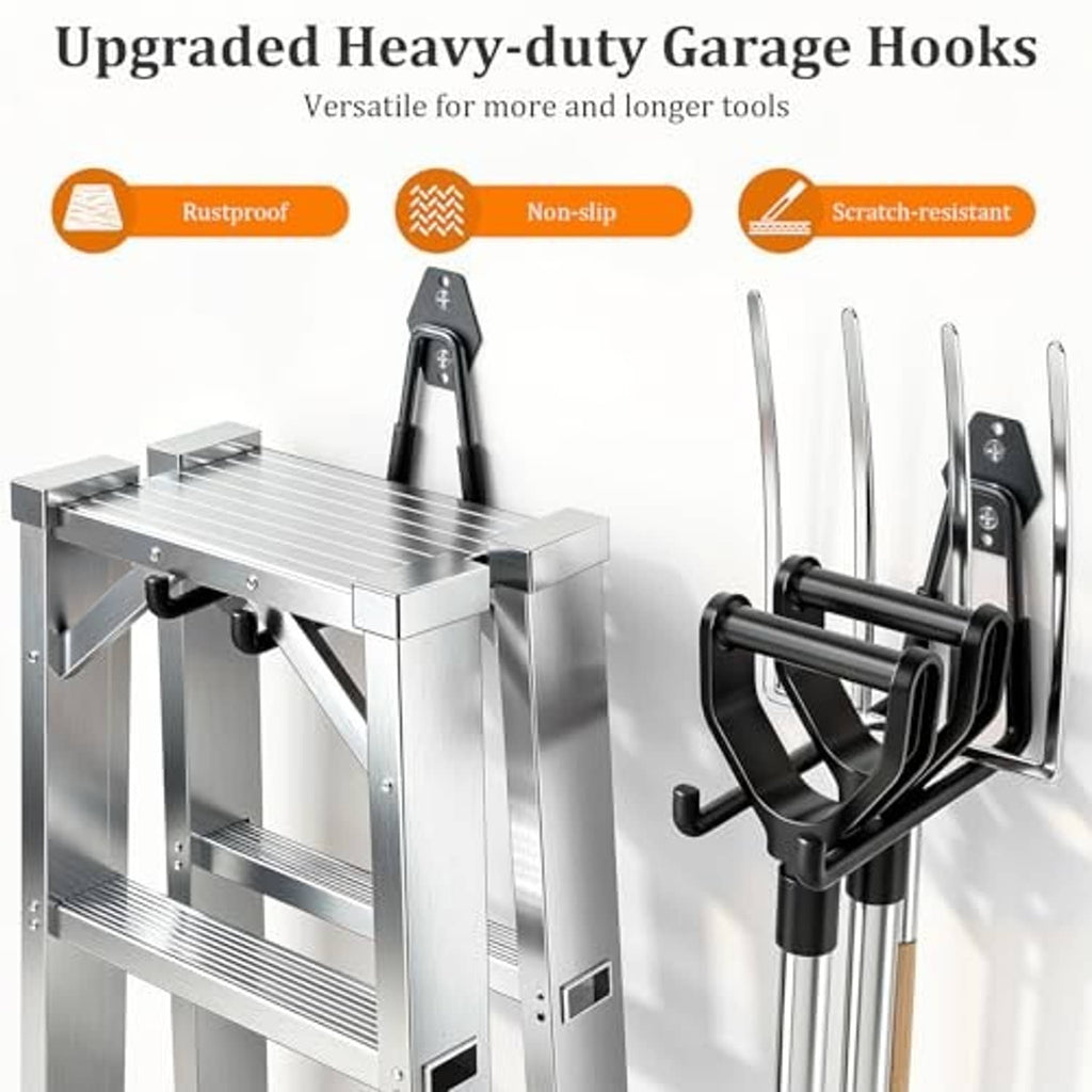 Upgraded heavy-duty garage hooks with rustproof and non-slip coating, shown on a shelf