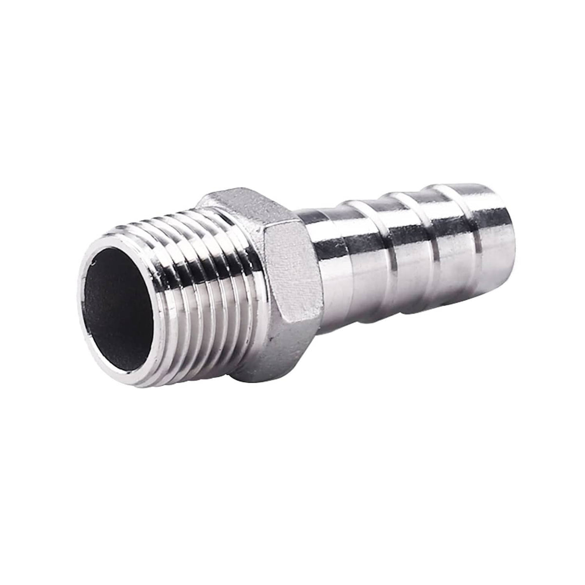 Stainless steel 304 MNPT-to-barb hose adapter with hex shoulder and barbed end