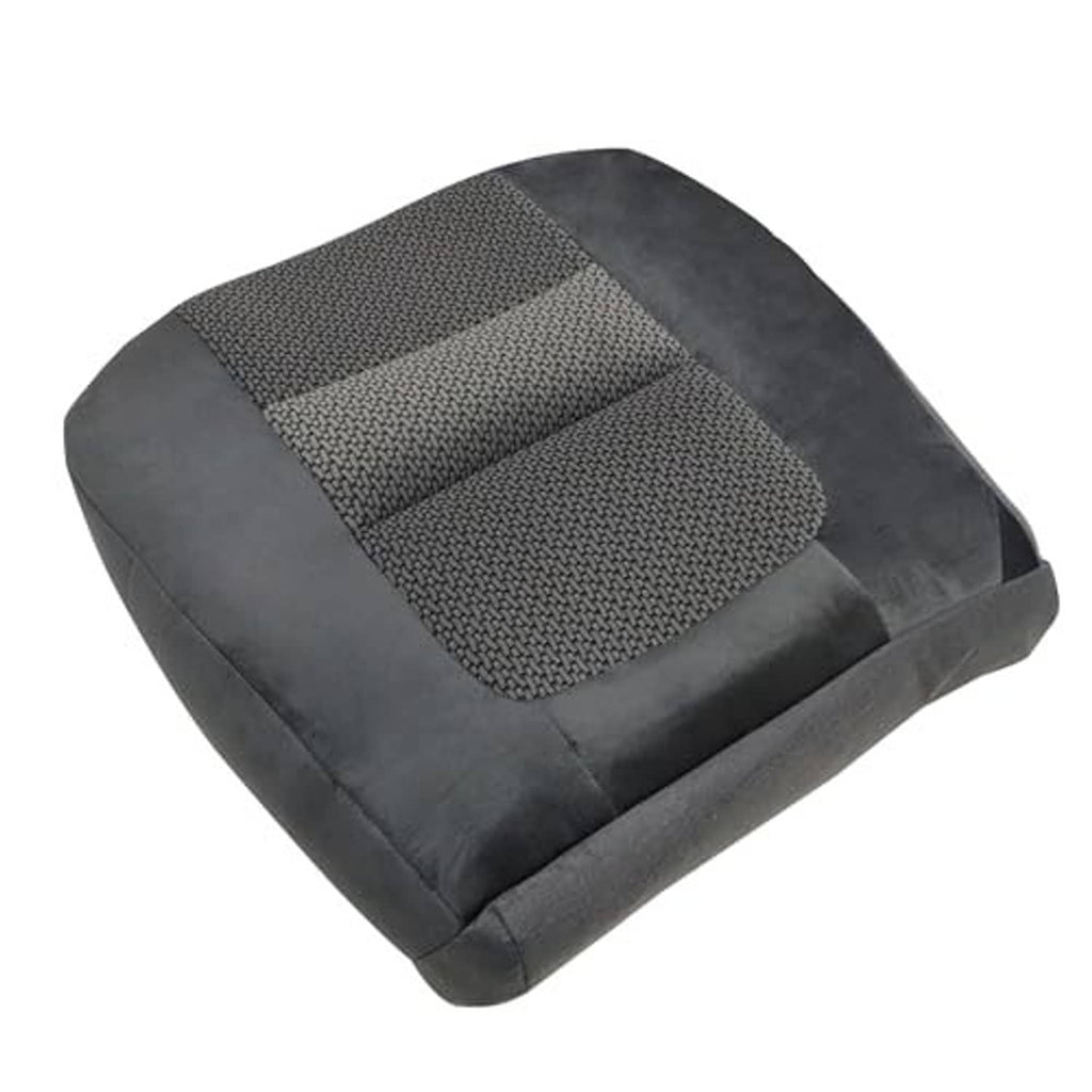 Gray textured cloth seat cover with rectangular center insert and padded seat cushion edges.