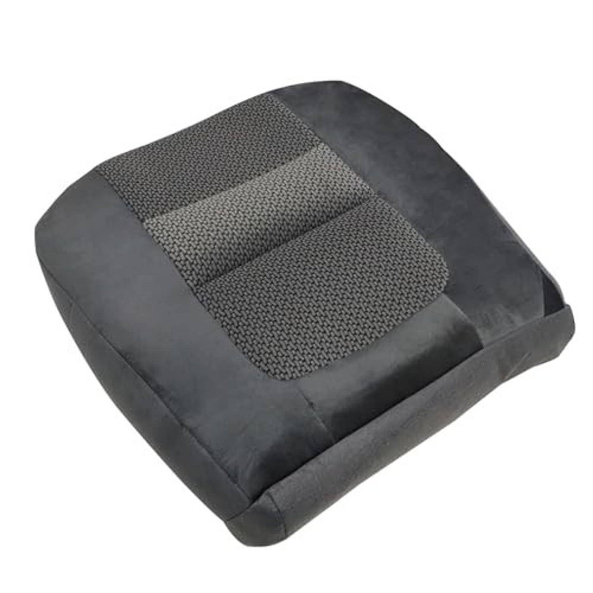 Gray textured cloth seat cover with rectangular center insert and padded seat cushion edges.