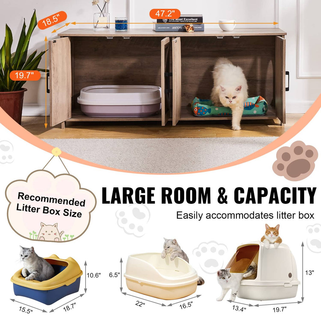 Greige wooden cat litter box enclosure with open front showing divided interior compartment