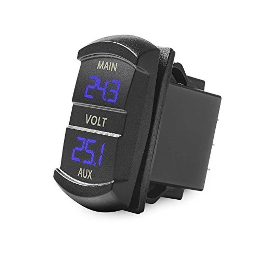 Tilted view of black rocker-style dual voltmeter with blue LED MAIN and AUX readings