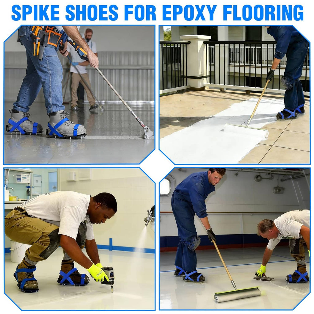Workers wearing tan spiked epoxy-floor shoes with blue straps and metal studs