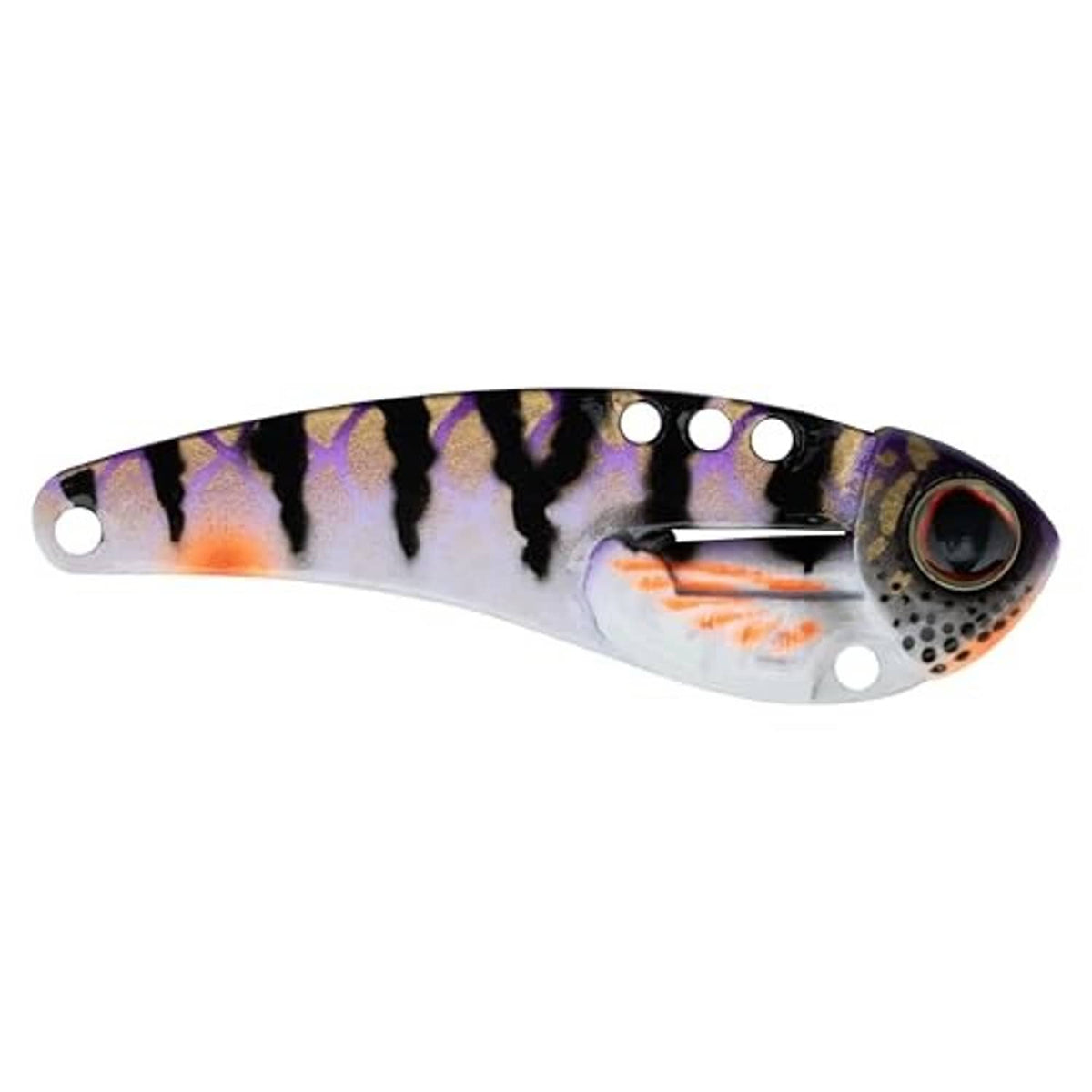 Multicolor blade bait lure with black stripe pattern, red gill-eye and top holes