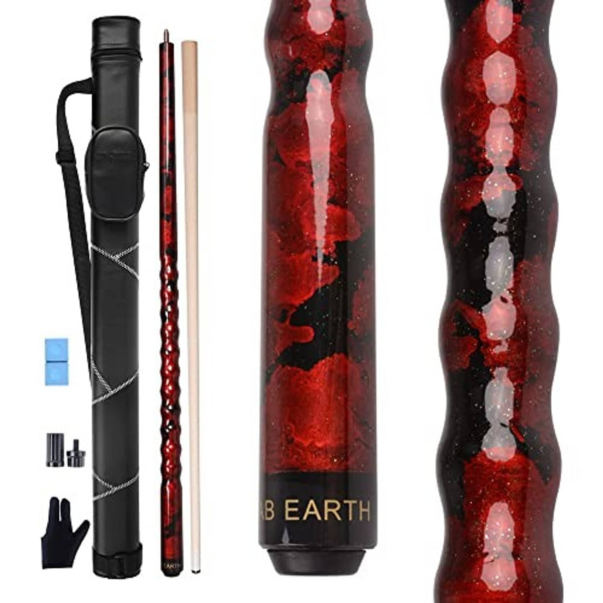Pool cue stick kit with hard case and red-black speckled cue shafts.