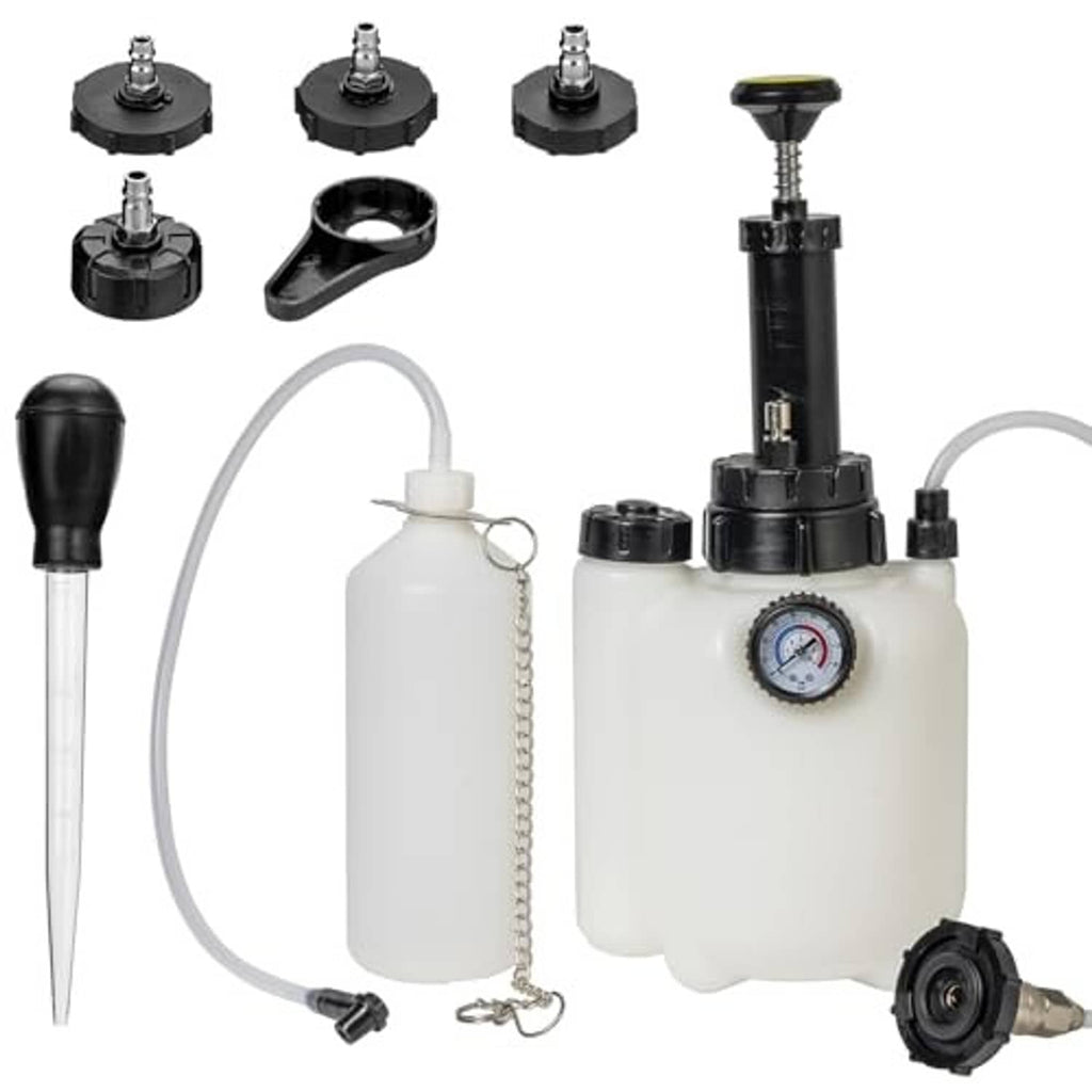 Brake bleeder kit with vacuum pump handle, white waste bottle, gauge, and tubing