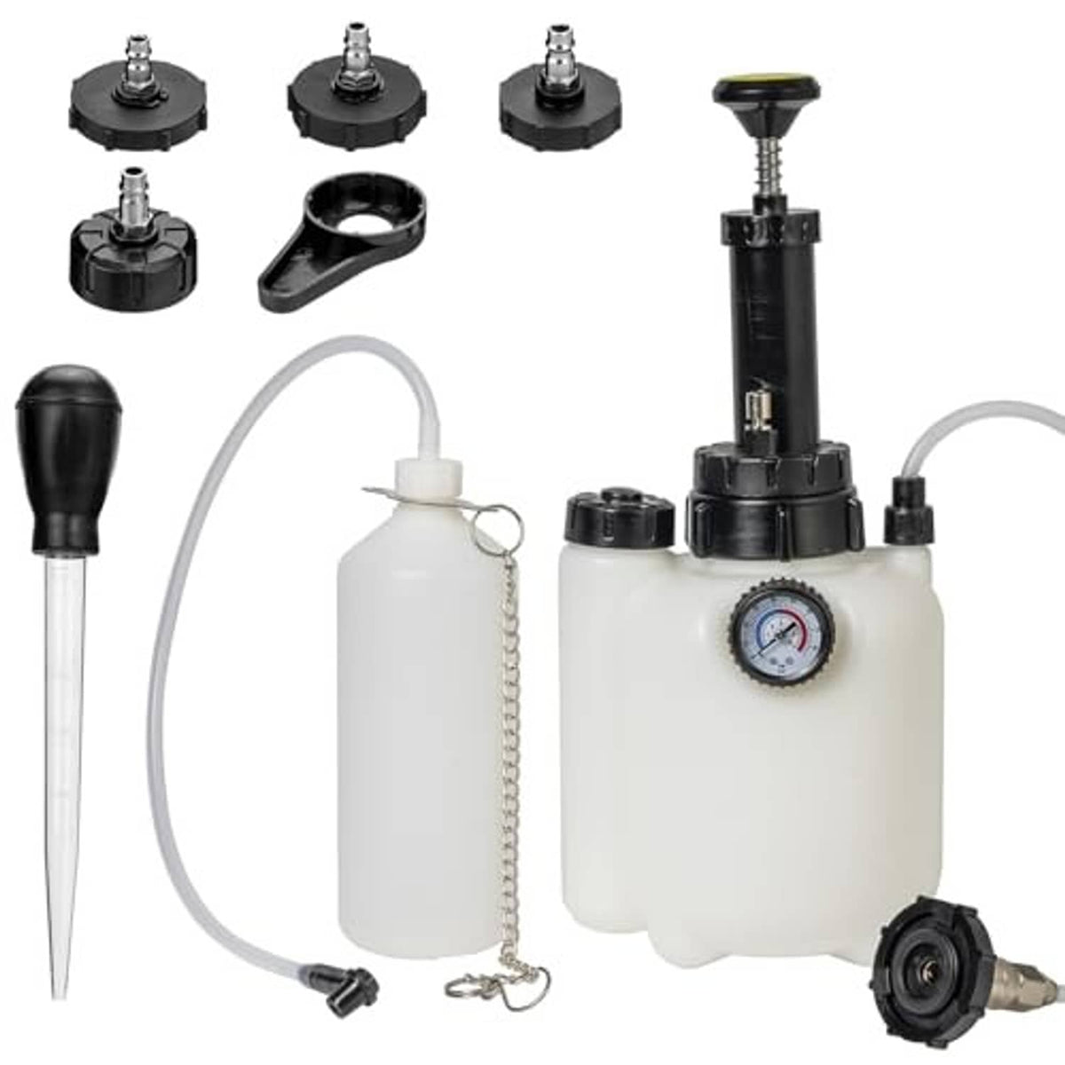 Brake bleeder kit with vacuum pump handle, white waste bottle, gauge, and tubing