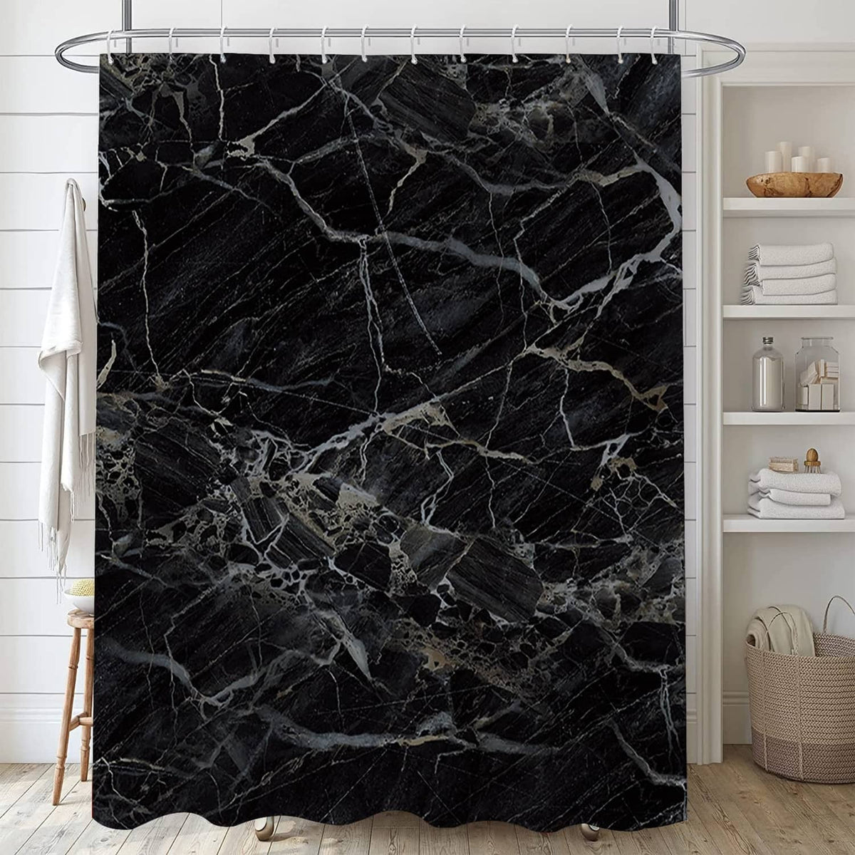 Black marble shower curtain hanging in a shower stall, 4-piece set