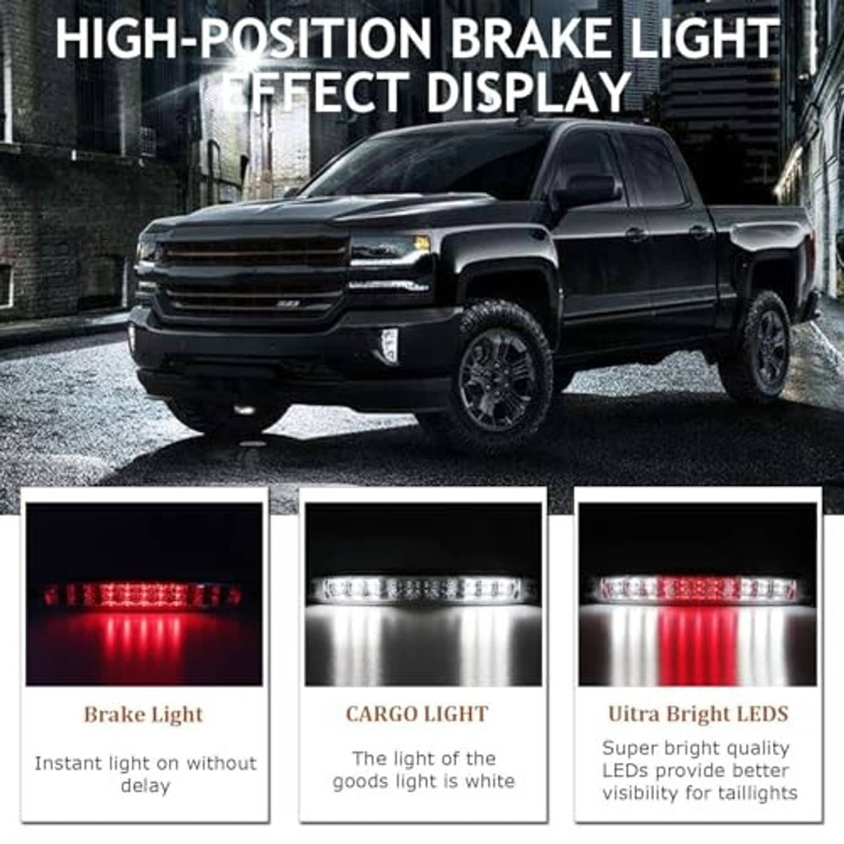 LED high-position third brake light bar with red LED glow and clear lens cover