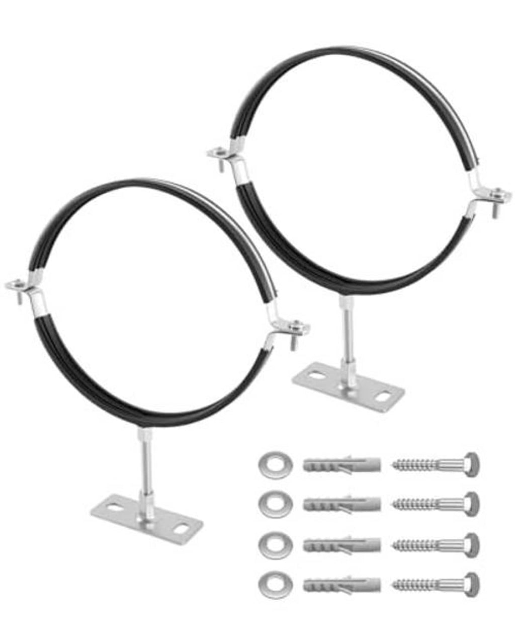 Two adjustable split-ring pipe hangers with black rings and square steel mounting bases