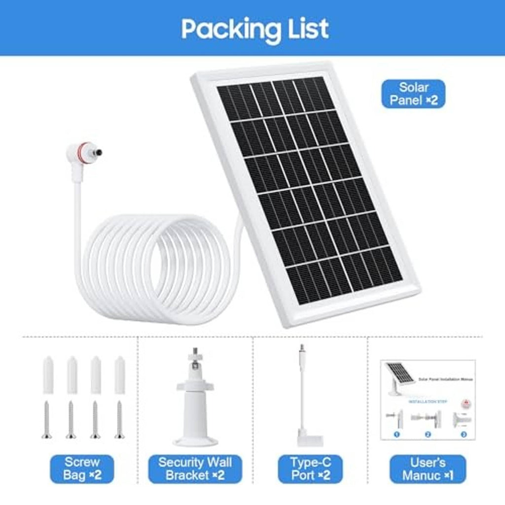 Packing list graphic with two solar panels, cable, screws, wall bracket, and Type-C port set