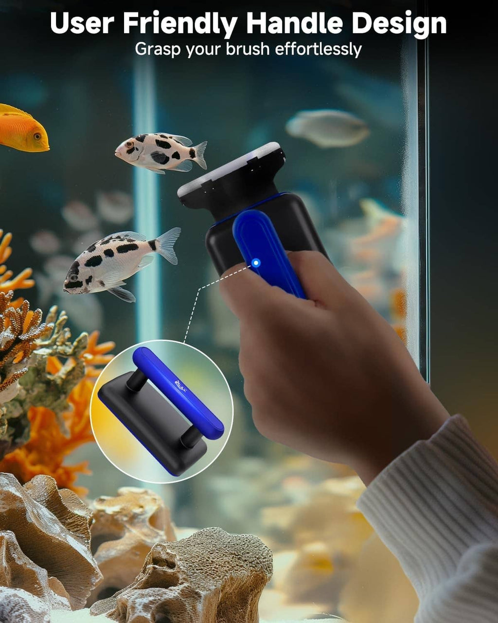 Magnetic aquarium glass cleaner with ergonomic handle in blue and black