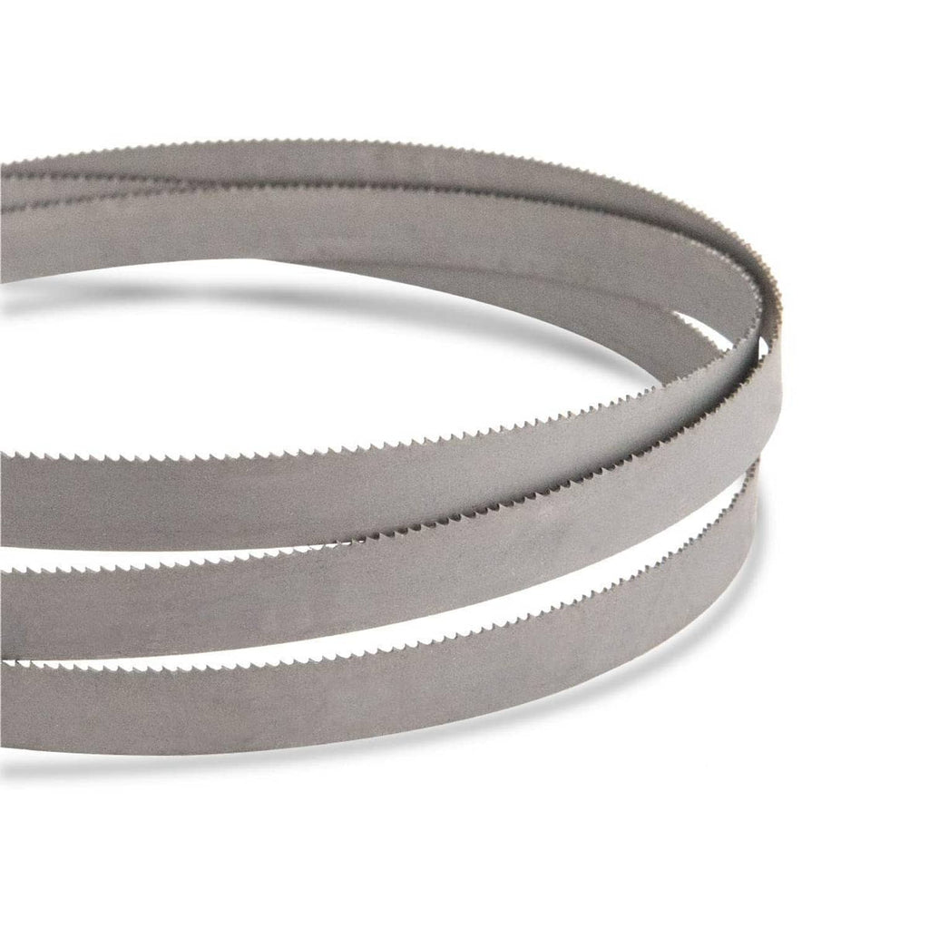 Close-up of grey bi-metal band saw blade with toothed cutting edge