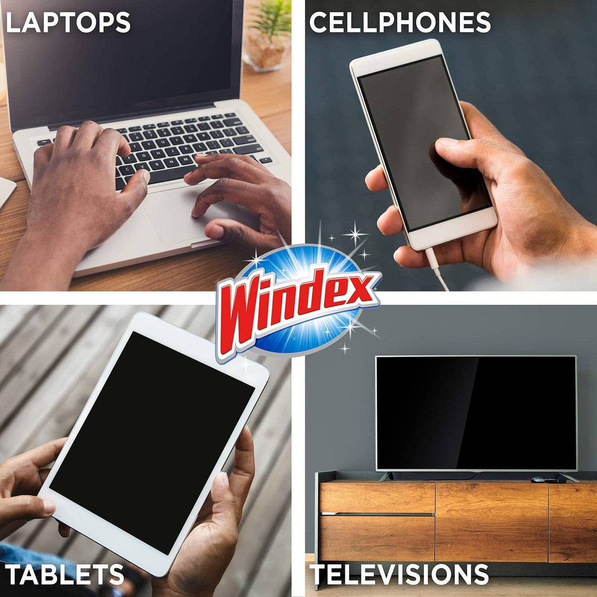 Electronic cleaning wipes shown for laptops, cellphones, tablets, and televisions