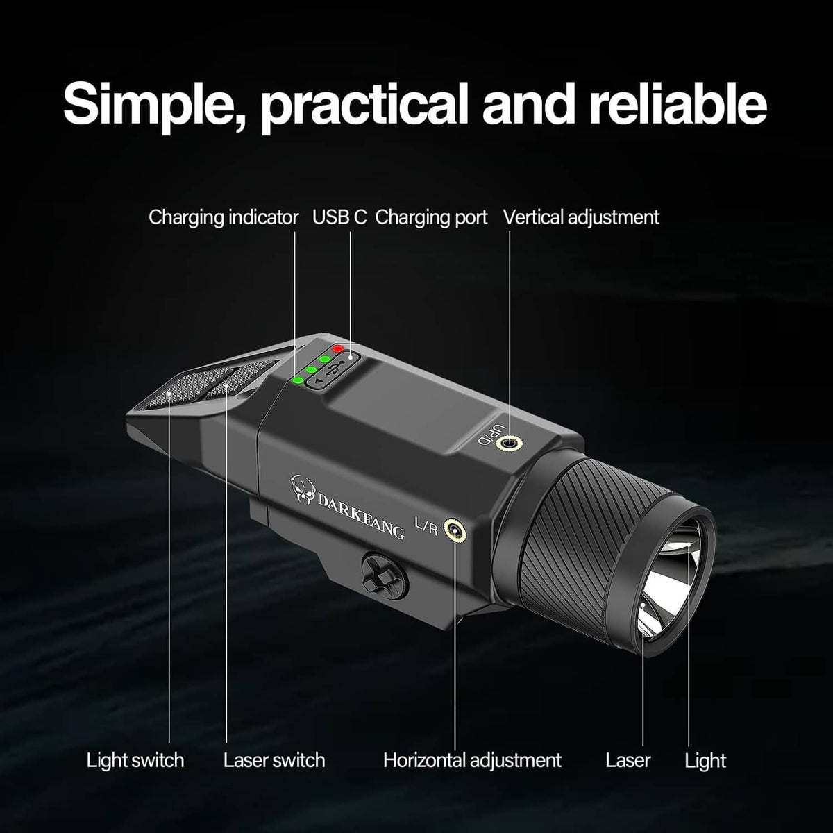Black laser flashlight with USB-C charging port, switches, and front lamp lens
