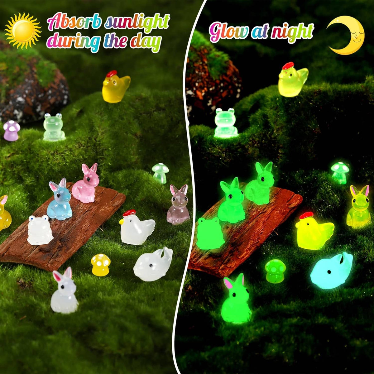 Small duck figurines on mossy logs, glowing at night in multicolor