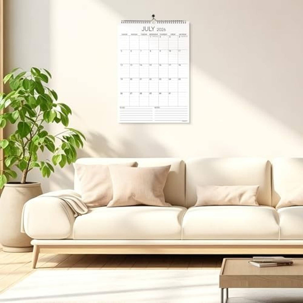 July 2026 wall calendar with monthly grid and blank writing lines
