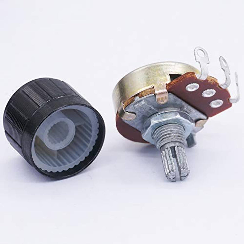 Black rotary potentiometer pair with threaded shafts and solder lug terminals