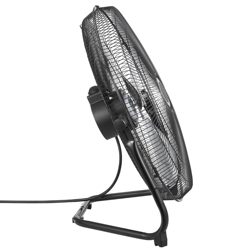Black 20 in floor fan with wire grille and tilt-adjust stand, front view.