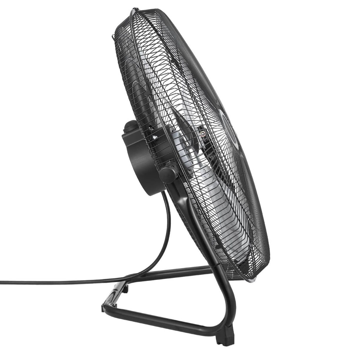 Black 20 in floor fan with wire grille and tilt-adjust stand, front view.