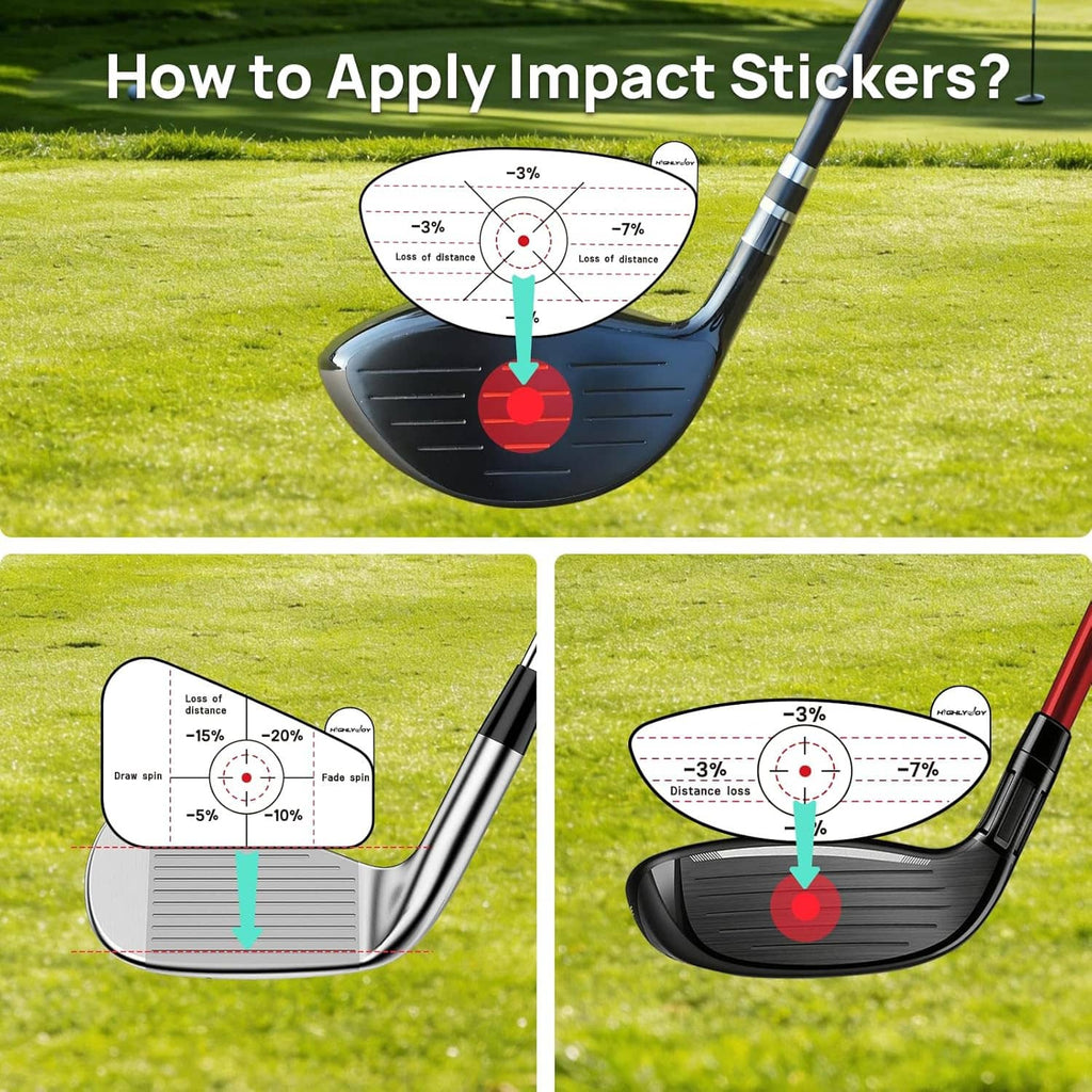 Golf club face application guide showing impact sticker alignment steps