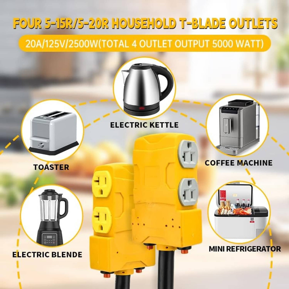 Yellow power adapter with four T-blade outlets and black power cord