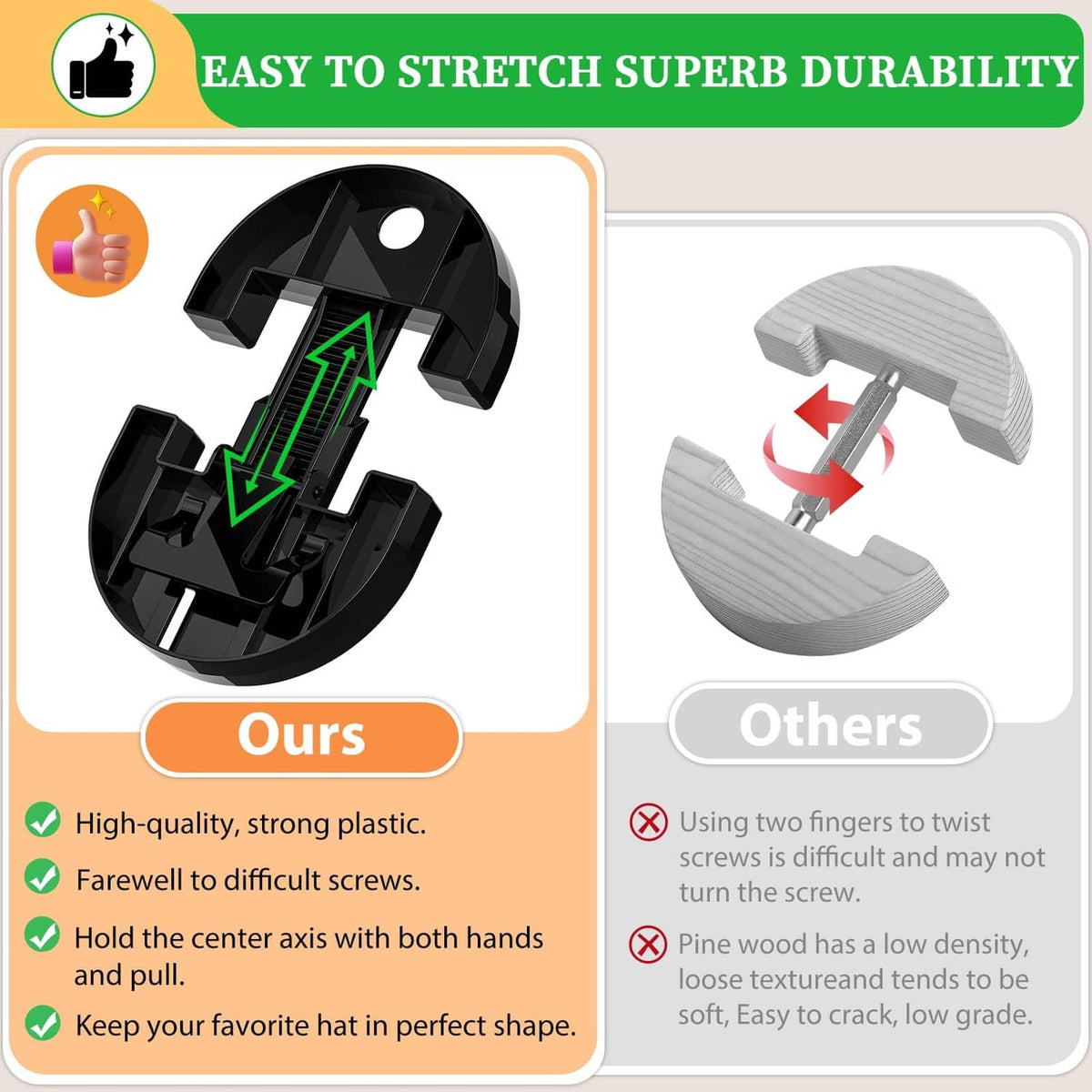 Black hat stretcher with adjustable arms, shown in an easy-to-stretch comparison graphic
