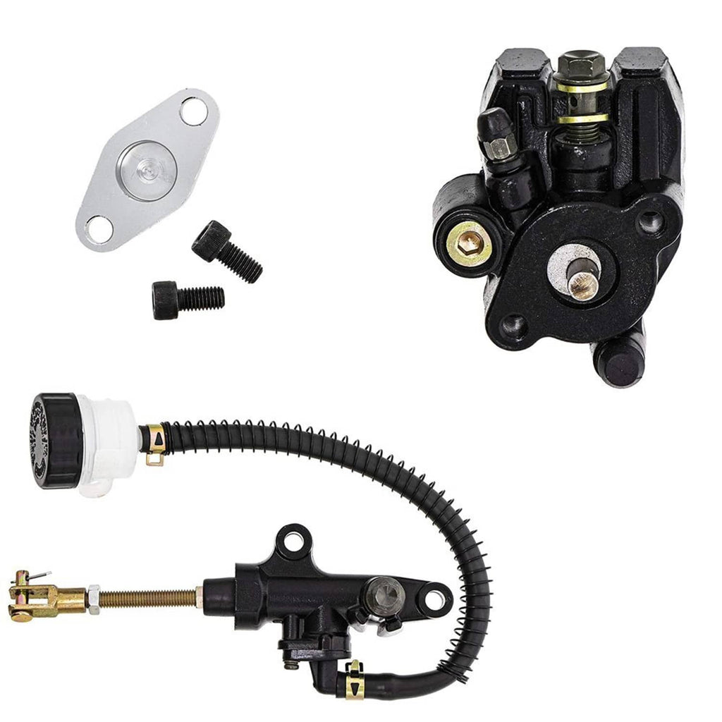 Brake caliper and rear master cylinder assembly with hose, fittings, and mounting bolts