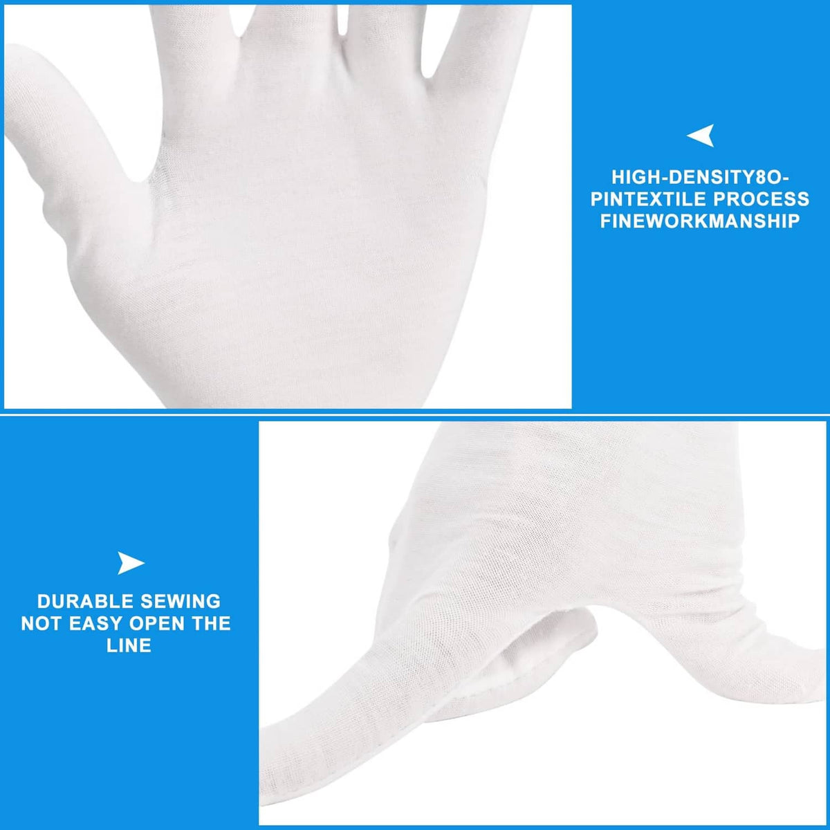 White cotton gloves close-up of palm and stitching details, three pairs